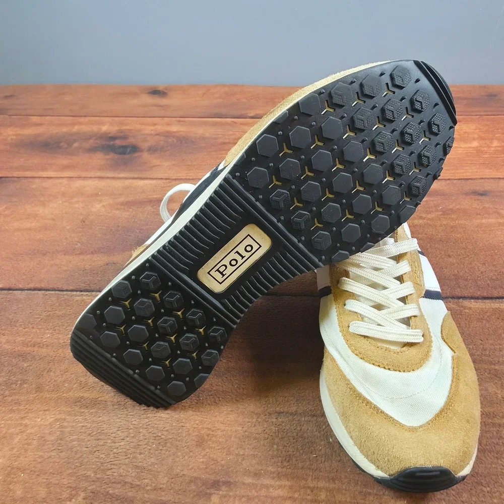 Polo Ralph Lauren Train 85 Sneaker Mens 11 Cream Tan Good Suede Nylon Runner